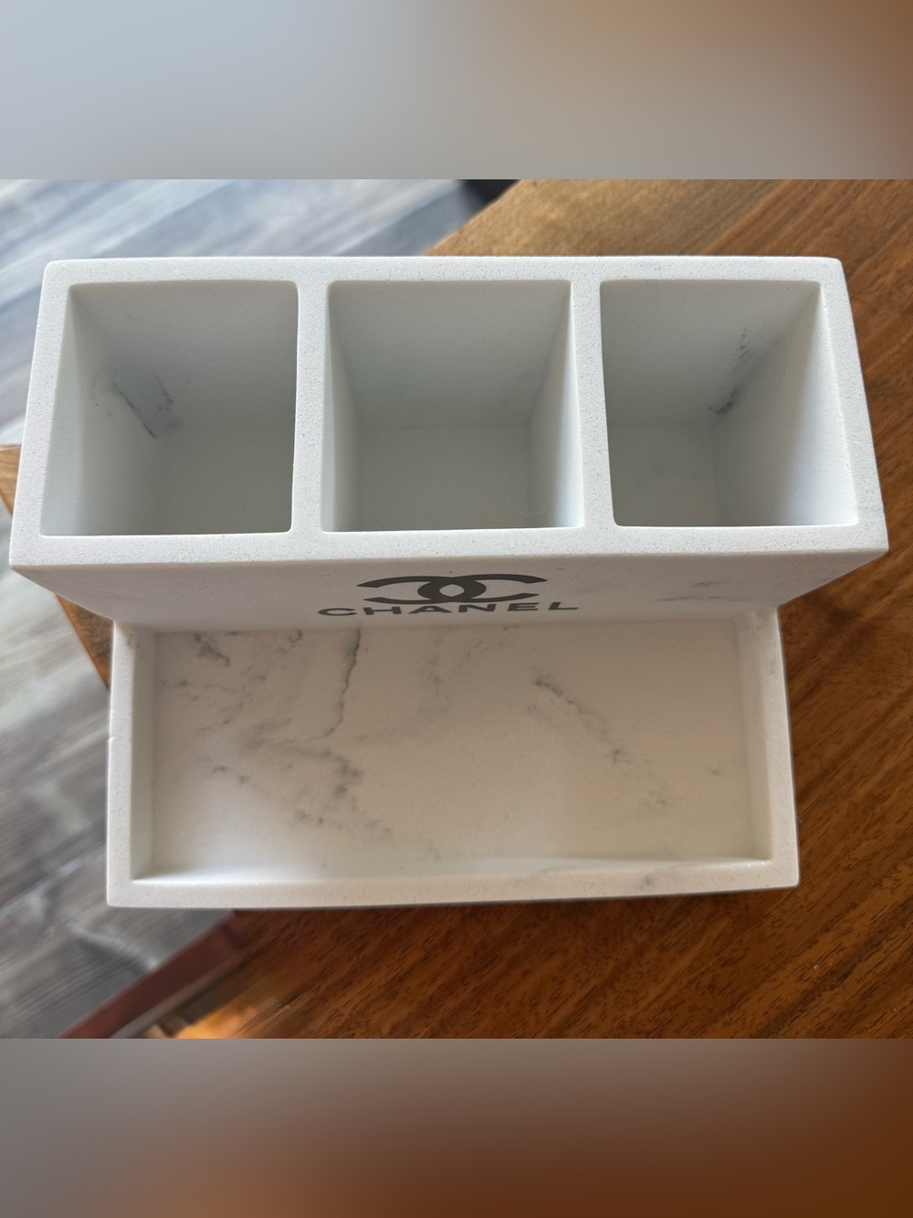 White Marble with Black Logo Cosmetic Organizer Tray - Picture 9 of 13